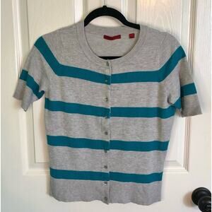 Red Brand Short Sleeve Button Down Cardigan Gray w/ Teal Stripes Size Small